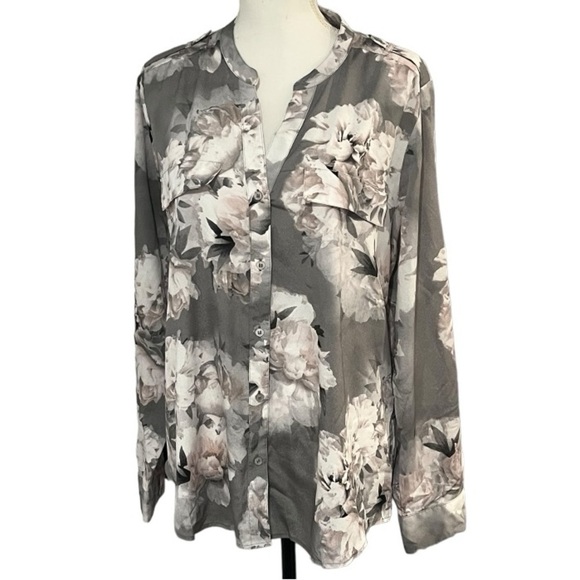 Calvin Klein Tops - Calvin KleinXL grey button up blouse with pink and white floral design EUC